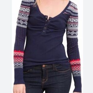 Free People Navy and Red V-Neck Sweater